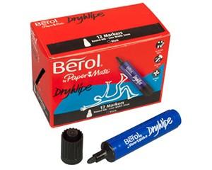 Berol Drywipe Markers, Round Tip, Pack of 12, Black