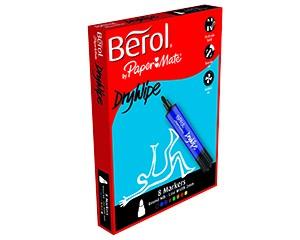 Berol Drywipe Markers, Round Tip, Pack of 8, Assorted Colours